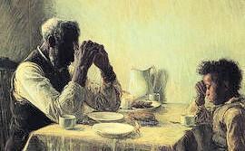 A vintage painting of an older gentleman and a young child both giving Thanks at a dinner table