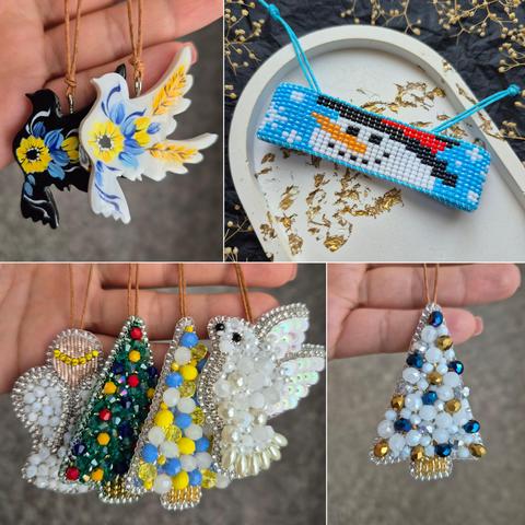 A collage of four images showcasing a variety of handmade pendants. Top left: two acrylic dove pendants painted with flowers in the Ukrainian style (a black dove with yellow-blue flowers and a white dove with yellow-blue flowers). Top right: a beaded bookmark or rectangle pendant with a snowman on a blue background. Bottom left: four pendants embroidered with beads and beads in the shape of angels and Christmas trees in various colors. Bottom right: one Christmas tree pendant embroidered with white-blue and gold beads.