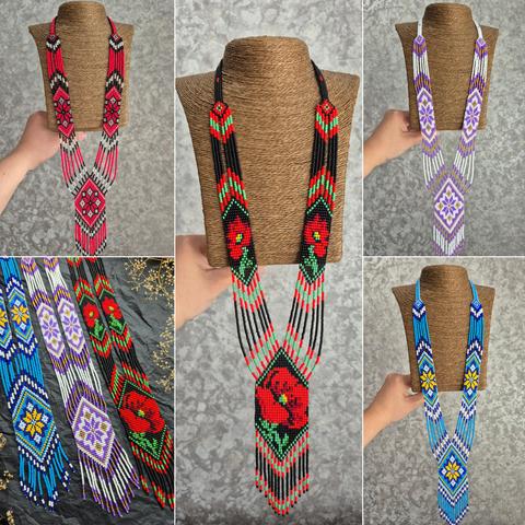 A collage of five images showcasing a collection of traditional Ukrainian handmade jewelry gerdans, made of beads. The jewelry is long, multi-row, with qeometric and floral patterns (in particular, poppies), made in different color schemes: red-black, purple-white, black-red, and blue-yellow.