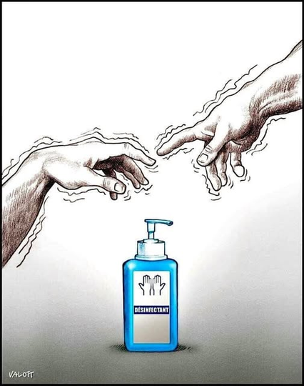 the hands of god picture but they are shaking and they are trying to get to disinfectant - Artist: valott