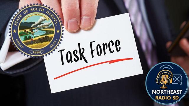 Hand holding card with "Task Force" text, South Dakota state seal, and Northeast Radio SD logo. Formal setting with business attire.