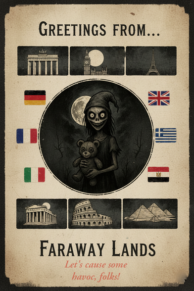 Sleeppy Creepy prangt mittig auf einer Postkarte, die die Flaggen und Sehenswürdigkeiten folgender Länder im Uhrzeigersinn zeigt: Deutschland, England, Frankreich, Griechenland, Italien und Ägypten. Der Text lautet oben: "Greetings from . . ." und unten "Faraway Lands". Darunter steht in rot: "Let's cause some havoc, folks!"