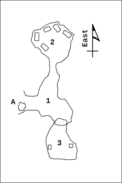 A simple image of a cave that straight up looks like it was made on paint. The cave entrance is marked with "A", the main area is marked with "1", a sleeping area for a group of goblins is marked with "2". The area marked "3" is a treasure room and is blocked by a large boulder. 

There is a compass indicator that points up with the word "east" written on it. 