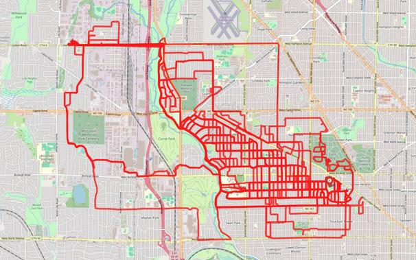 A map showing bike ride routes to and from work.