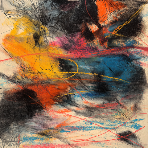 This piece bursts with kinetic energy — a storm of color and motion that feels both spontaneous and intentional. Streaks of yellow, orange, and blue sweep across the surface, cutting through smoky blacks and deep shadows. Thin red and yellow lines dance over the chaos like sparks of electricity, creating rhythm and direction. The brushwork and scribbles intertwine, suggesting turbulence or rapid movement, as if capturing the energy of a fleeting moment. Areas of calm beige peek through, grounding the intensity just enough to keep it balanced.