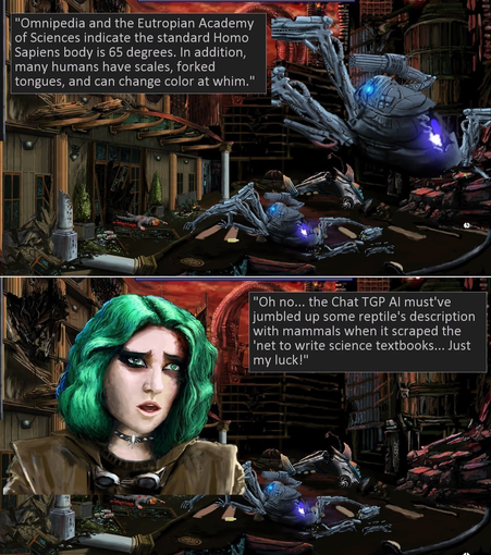 Generative AI mixes up Homo Sapiens and lizard facts while writing biology textbooks, causing mass hypothermia death in robot-run hospitals! Now that's a #cyberpunk killing in 'cold blood'. (Screenshots from Neofeud 2)  