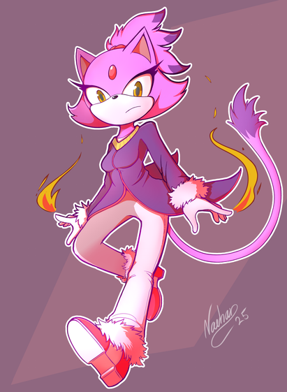 Blaze the Cat, anthromorphic cat from the sonic universe posing with a step forward with fire coming out of her fingertips.