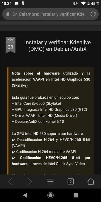 🚀 Actualicé mi guía para instalar Kdenlive (DMO) en Debian/AntiX

Le hice varias mejoras visuales para que ahora se vea mucho mejor en móviles 📱✨
También agregué botones de copiar en los bloques de comandos para que todo sea más cómodo al seguir la guía.

Si ya la leíste, te recomiendo revisarla de nuevo 👇😉

🔗 👉 [https://drcalambre.blogspot.com/2025/11/instalar-y-verificar-kdenlive-dmo-en.html](https://drcalambre.blogspot.com/2025/11/instalar-y-verificar-kdenlive-dmo-en.html)

#Kdenlive #Linux #Debian #AntiX #DMO #VAAPI #EdiciónDeVideo #OpenSource #BlogTech #FOSS

