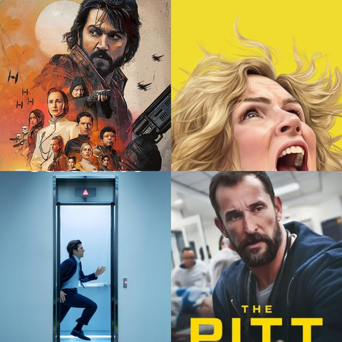 A collage of four different movie or television poster/promotional images arranged in a 2x2 grid:
Top Left: A poster for the Star Wars series Andor in a distressed, warm-toned style. It features the main character, Cassian Andor (Diego Luna), prominently at the top, holding a weapon, with a large, orange-tinted moon in the background. Below him is a montage of other main and supporting characters.
Top Right: A bright yellow square featuring an illustrated close-up of a blonde woman's face, looking up and screaming intensely with her hair dynamically flying upward.
Bottom Left: A photo of a man in a business suit dramatically running or leaping into a brightly lit, open elevator car in a sterile, light blue/white hallway.
Bottom Right: A close-up of a rugged, bearded man in dark clothing, looking directly forward with a serious expression in what appears to be a hospital or emergency room setting. The title "THE PITT" is visible in large yellow letters beneath his face.