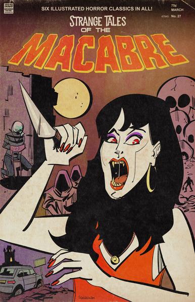 A comic cover featuring Vampirella getting ready to stab the viewer.