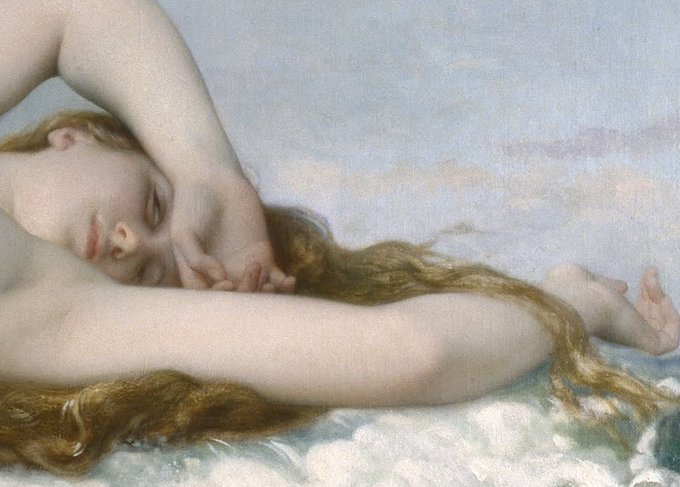 The image focuses on the upper body and head of a person with long, flowing reddish-blond or auburn hair, lying down with their eyes closed, suggesting sleep or repose. Their left arm is raised and covers part of their face and forehead. The skin tone is pale. The figure is resting on what appears to be a bed of white clouds or soft fabric, set against a background of a light blue and white sky.