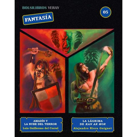 
Portada de un libro. De izquierda a derecha: En una seccion, como si fuera una vidriera, se ve un guerrero con escudo y una maza alzada hacia atras y por encima del hombro, con gesto hostil. Una pieza triangular, sobre las otras dos, con tres caras de angustia flotado en una niebla de color gaseoso. A la derecha del todo, en la otra pieza, un guerrero barbaro en taparrabos, sostiene una especie de cuerno sobre la punta de su espada alzada. El barbaro derrama el contenido del cuerno sobre la espada.