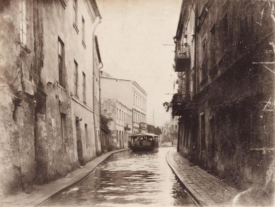 An AI image of an omnibus boat traversing a canal in Vilnius, c. 1912.