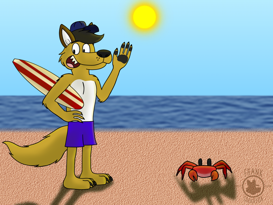 Otto the Doggo hanging out on a warm summer day at the beach. There is also a red crab nearby. This alt doesn't have sun rays.