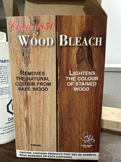 Picture of the box of Circa 1850 Wood Bleach. It shows a picture of natural red oak, and a picture of medium red-brown stained red oak, side-by-side. It claims to "Remove the natural color from Bare Wood" and to also "Lighten the colour of Stained Wood."
