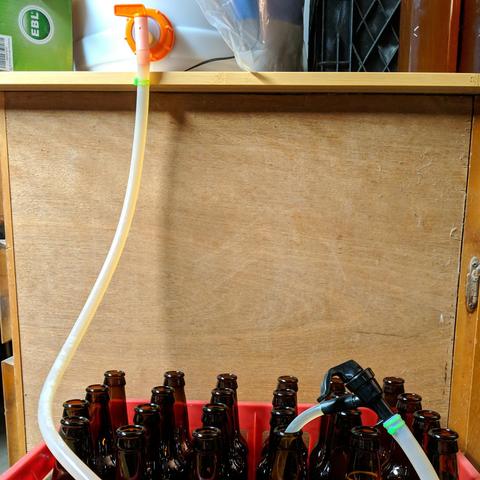 The bottle filling setup. A pathway is created in the trub from 3 gravity readings plus an initial fast filled pint bottle then most of the fills are clear until the last 3 bottles when I tip it up a little. No secondary, no bottling bucket, not siphon wand to stir the trub up, ferment, drain, done. It is a 30 liter Speidel that's around $80 USD at that one jungle place.

