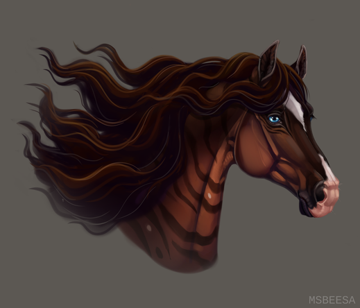A digital portrait of a tiger-like striped horse with a white marking and curly lush brown mane looking to the right
