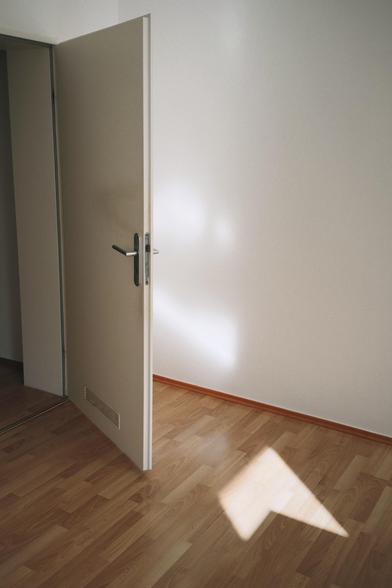 An open white interior door letting sunlight into an empty room with light wood flooring. A bright triangular patch of sunlight is cast onto the floor.