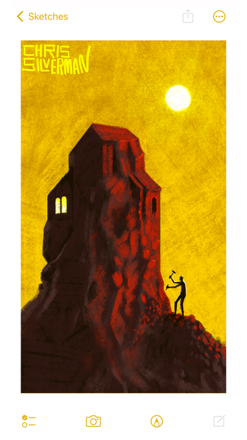 A person stands in front of a large, misshapen stone house, chipping away at it. On closer inspection, the person appears to be carving a house out of a tall pillar of rock. The sky is yellow, a blazing white sun in the middle of it, and the rock is reddish. The building has a few windows, two of which are already illuminated. The person stands on a large mound of rocky debris, hammering away. The painting is signed "Chris Silverman".