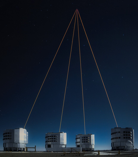 Four massive cylindrical like structures are visible on the bottom. Out of all of these metal structures, a laser is shooting up into the sky to a spot where all four lasers meet