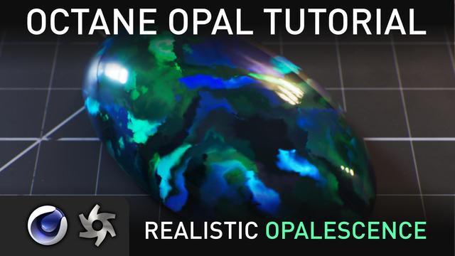A YouTube thumbnail with some text that reads "Octane Opal Tutorial" "Realistic Opalescence" showing a round opal gemstone with organically structured blueish green opalescent shapes.