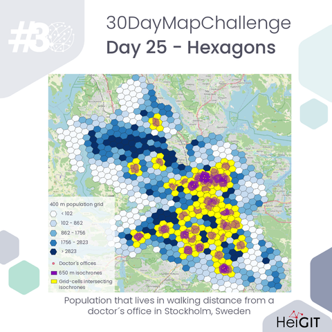 Map with hexagons showing population density in Stockholm. Darker blue hexagons mark higher population. Yellow and purple areas show places within walking distance of doctor’s offices. A legend explains colors and symbols.