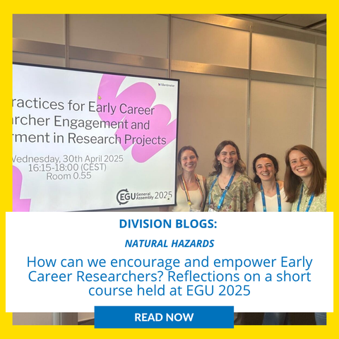 Image description: Group of girls smiling at the camera in front of a presentation slide, with text reading: ''Division Blogs: Natural Hazards,  How can we encourage and empower Early Career Researchers? Reflections on a short course held at EGU 2025"