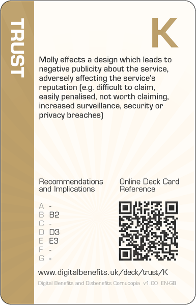 Image of the DBD Cornucopia King of Trust card with text 'Molly effects a design which leads to negative publicity about the service, adversely affecting the service's reputation (e.g. difficult to claim, easily penalised, not worth claiming, increased surveillance, security or privacy breaches)'