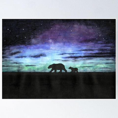 Poster d'une aquarelle représentant les silhouettes d'une ourse polaire et son ourson marchant sur la banquise devant un ciel étoilé et nuageux et d'une aurore boréale.