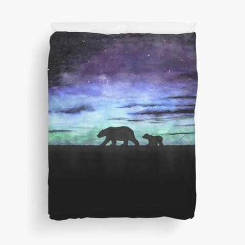 Impression sur housse de couette d'une aquarelle représentant les silhouettes d'une ourse polaire et son ourson marchant sur la banquise devant un ciel étoilé et nuageux et d'une aurore boréale.