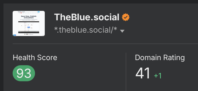 A dashboard display showing TheBlue.social with a health score of 93 and a domain rating of 41.