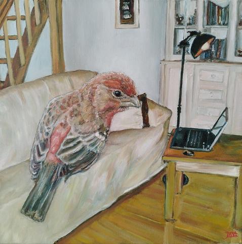A painting of a pine grosbeak sitting at home on the sofa in front of a laptop. 
Original bird artwork by Jura Kuba Art for sale, 40 x 40 cm. Sides are painted. Ready to hang.