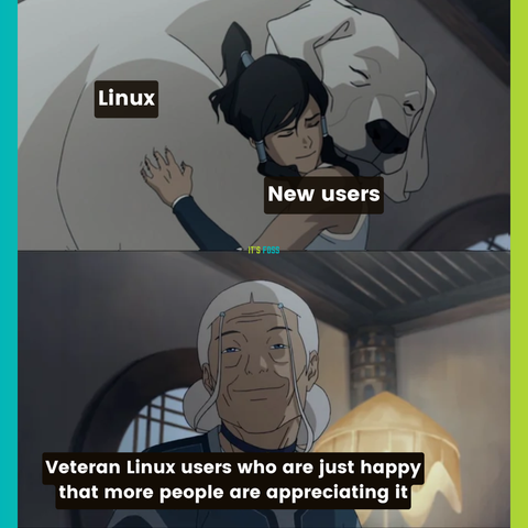 The first picture shows two beings hugging; the giant white dog is called "Linux", the human is called "new users".

The second picture shows an older person smirking; they are called "Veteran Linux users who are just happy that more people are appreciating it."