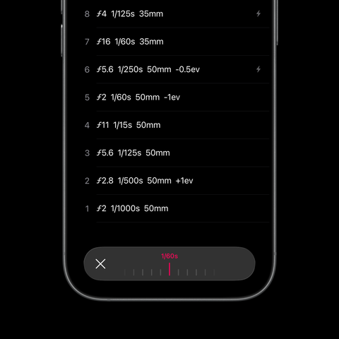 A screenshot of the Frames (Film Photography App) recorder on iOS showing the redesigned toolbar
