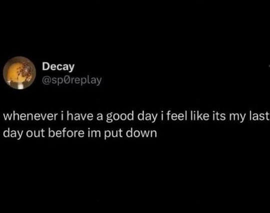 @sp0replay - whenever i have a good day i feel like its my last day out b4 i'm put down