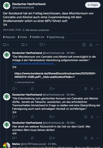 Deutscher Hanfverband
‪@hanfverband.de‬

Folgen
Der Bundesrat hat am Freitag beschlossen, dass Mischkonsum von Cannabis und Alkohol auch ohne Zusammenhang mit dem Straßenverkehr sofort zu einer MPU führen soll!