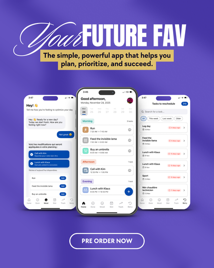 image for a productivity app called "Bezott" on a purple background. The tagline reads: "The simple, powerful app that helps you plan, prioritize, and succeed." The image shows three smartphone screens side by side displaying different features of the app: Left screen - "Mood" interface:
This is where you can adjust your schedule based on how you're feeling. A chatbot greets you with "Hey! 👋 Tell me how you're feeling to optimize your day" and asks "Ready for a new day? Today we start fresh. How are you feeling right now?" The user can respond to indicate their mood (shown: "Not great 😔" button), and the app then suggests modifications to the day's schedule. It shows tasks that will be applied based on your mood ("Call with Kim", "Lunch with Klaus") and available tasks you can add ("Run", "Feed the invisible llama", "Buy an umbrella"). Center screen - Main schedule view:
Displays the day's tasks organized by time period. Shows "Good afternoon" with the date Monday, November 24, 2025. Tasks are grouped into Morning (3 tasks), Afternoon (1 task), and Evening (1 task) sections. Examples include: "Run" , "Feed the invisible llama" , "Buy an umbrella", "Call with Kim", and "Lunch with Klaus" . Right screen - "Tasks to reschedule":
Shows 213 tasks that need to be rescheduled with filtering options (All, This week, Last week, Older). Tasks are listed with their dates and overdue alerts. The app can automatically reschedule these tasks if desired, with ultra-optimized planning.