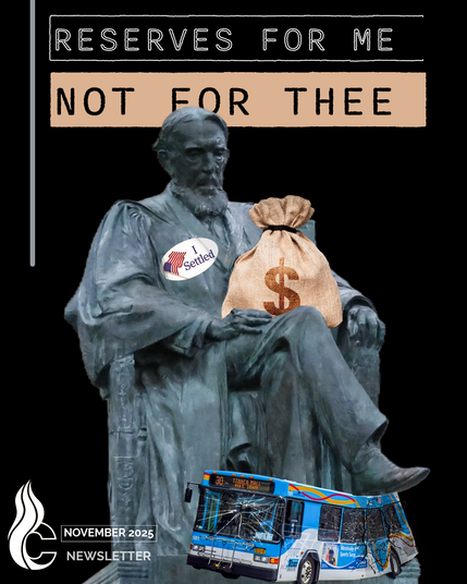 Photo of a statue of Cornell's founder with a big bag of $ in his lap and a sticker "I settled"; his foot rests on a crushed TCAT bus.
Reserves for me, not for thee.