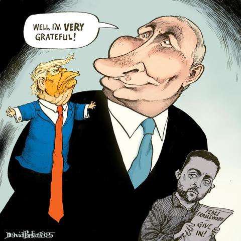Cartoon of trump as a puppet in Putin's  hands. Zelensky looks on perplexed 