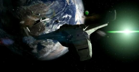 The spaceship zooming away from a planet