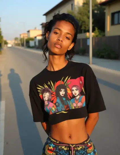 A person stands centered in a road, facing the camera. They are wearing a black, short-sleeved cropped t-shirt and patterned shorts. The t-shirt features a colorful graphic of three faces, each with different hair colors (pink, black, and red) and expressions. The person has dark hair and a neutral expression, and a shadow from the sun is cast on the road behind them. The background shows a road with buildings and greenery on either side, and it appears to be late afternoon or early evening based on the lighting.
