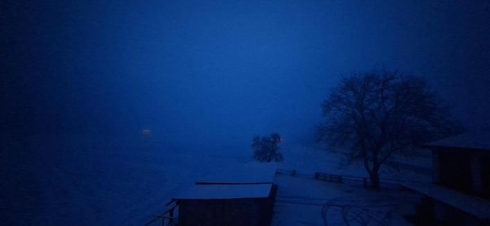 Sehr blaues bild von morgenlandschaft mit krassem nebel. Sonne kommt gar nicht durch