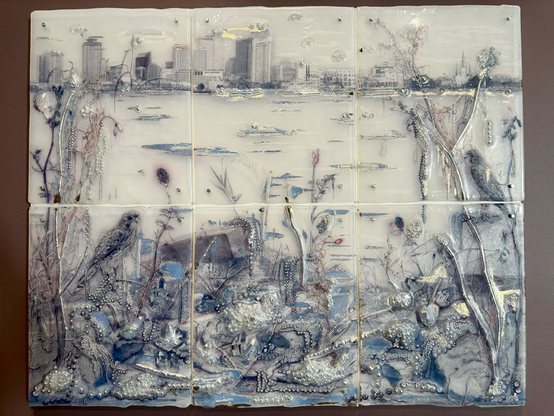 photo of the artwork on display at museum Landscape art on 6 tiles (2 rows of 3) “the skyline of our city (NOLA) as seen from the opposite banks of the Mississippi River”