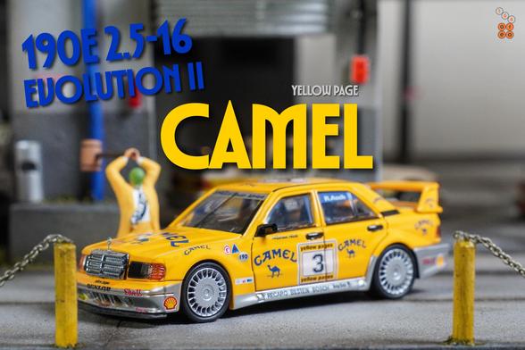 A left side of Mercedes Benz 190E, Camel 1990 Yellow Page livery by LMLF in 1:64 scale with 1:64 figure on AREA 164.