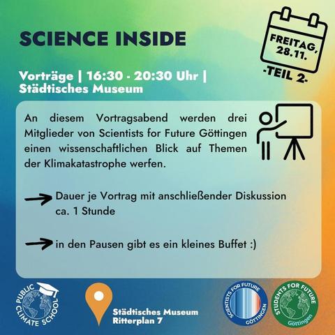 #PublicClimateSchool #Göttingen 2025
am Freitag den 28.11. Teil 2: Vortragsreihe "science inside" von 1630 bis 2030 I'm Städtischen Museum, Ritterplan 7.
3 Vorträge mit anschließender Diskussion von je ca. 1 Stunde und kleinem Buffet zwischendurch.