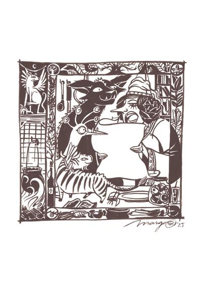 Print of the drawing "Recette", meaning "Recipe", made for the exhibition "Enluminures" at Atelier du Bain aux Plantes, in Strasbourg. The original was drawn in ink of a white background. The main image shows a witch telling her animals a recipe that they will cook. The animals are a mix of pets and monsters: A dragon-cat, a bird-dragon and a piggy-dino. Around them are kitchen paraphernalia. The whole is drawn in a frame, inspired by miniatures of the Middle Ages. 