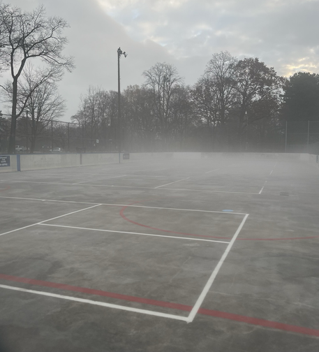 A thin layer of foggy ice