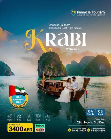 Krabi is one of the cleanest National Day beach escapes, and seats do not stay open for long.
If you want the AED 3400 deal with Tabby or Tamara, call 📞 +971 54 424 8656 and lock your dates before they fill.

#PinnacleTourism #Krabi #ThailandTrip #UAENationalDay #NationalDayHolidays #PhuketKrabi #ThailandPackage #TravelUAE #BeachHoliday #UAETravelAgency #Tabby #Tamara