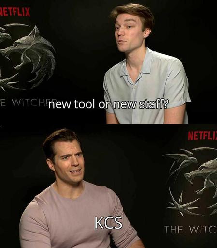 A meme consisting of two images: First shows interviewer asking "new tool or new staff?" Second image shows Henry Cavill with dismayed expression saying "KCS".