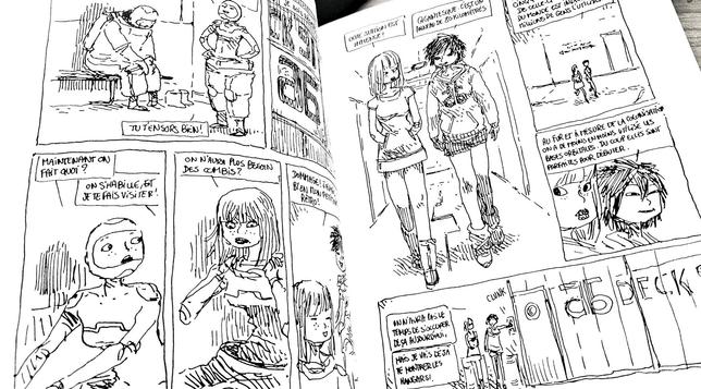 Deux pages intérieures avec les personnages qui marchent en discutant dans une station spatiale.